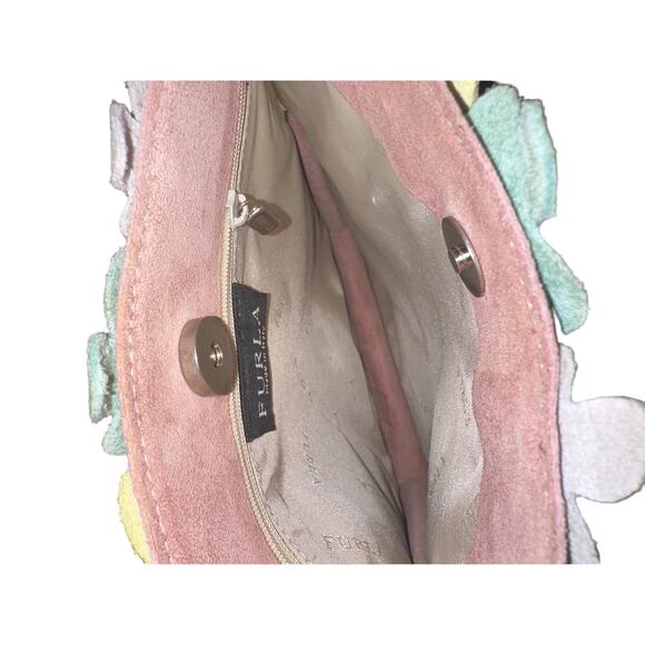 Furla Dusty Rose Suede Leather Handbag Multicolor Flower Petal Embellishments - Picture 3 of 9